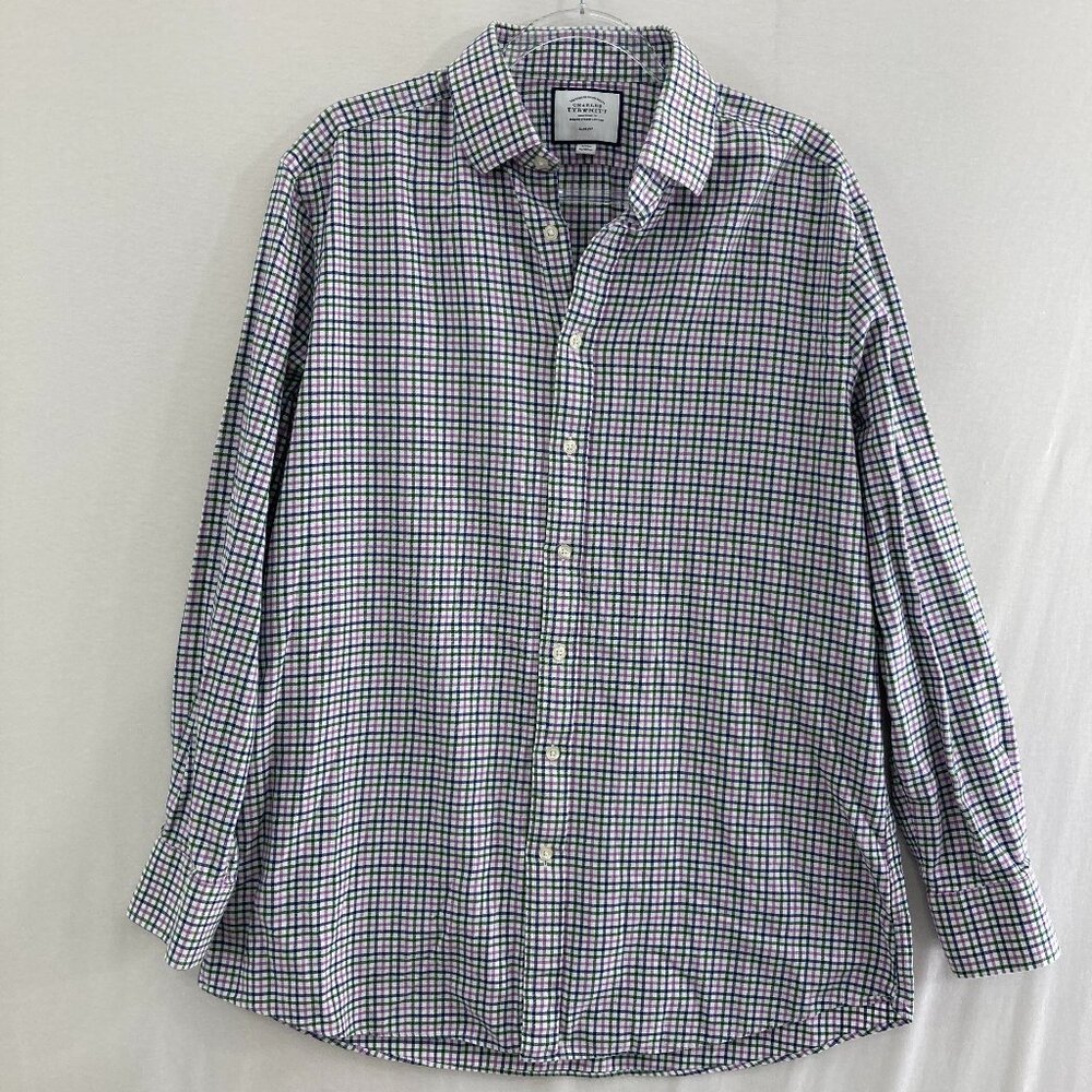 Charles Tyrwhitt Men's 17/35 or XL Slim Fit Button Up Purple Green Plaid Cotton